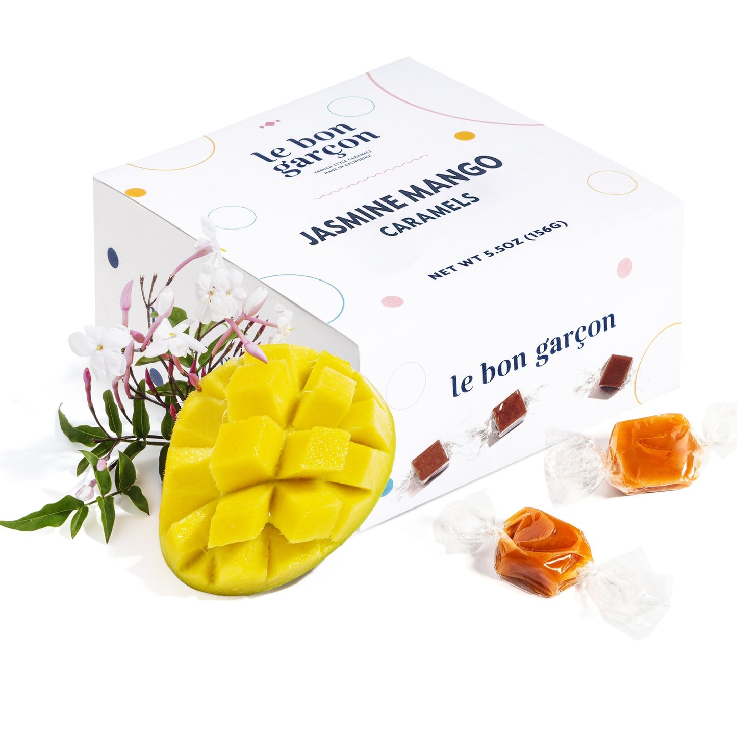 5.5 oz box Jasmine Mango Caramels. Floral and fruity.