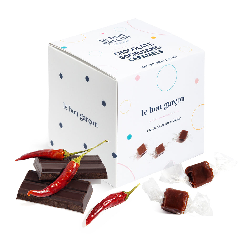 8 oz box of Chocolate, Miso and Chili Caramels made in California