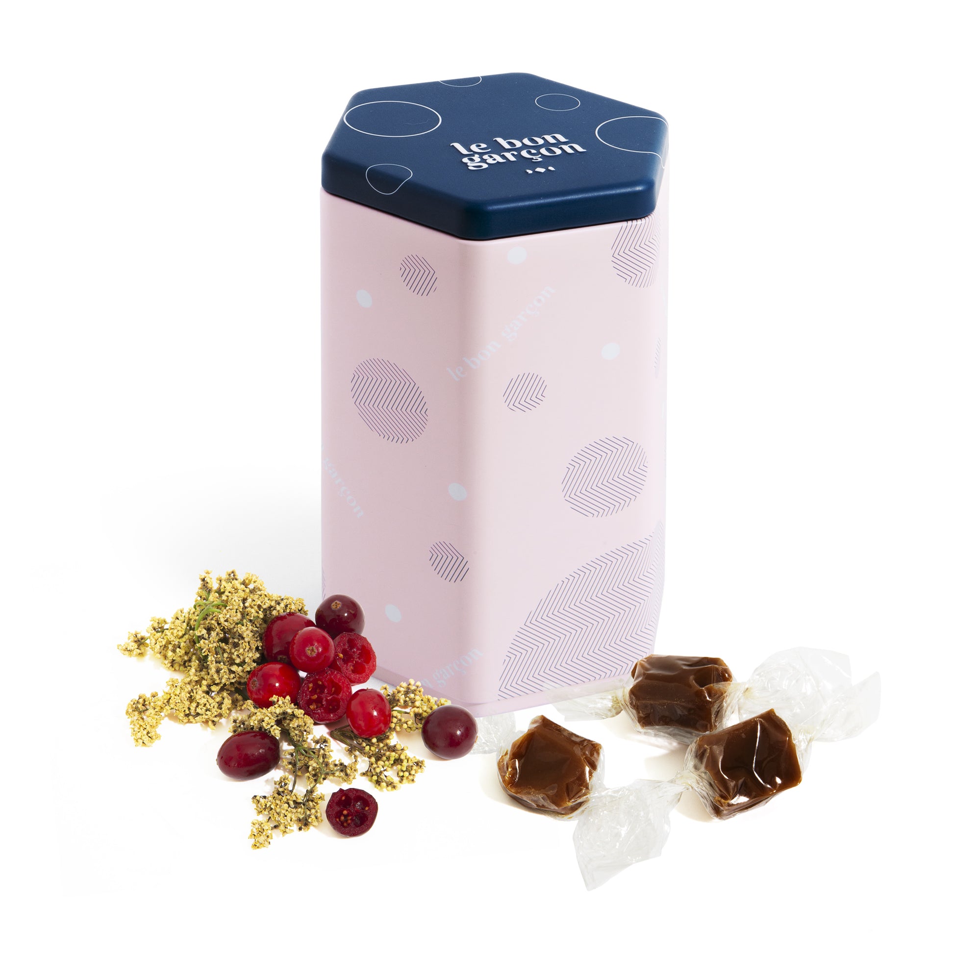 10 oz tin of Cranberry Elderflower Caramels made with housemade elderflower liqueur