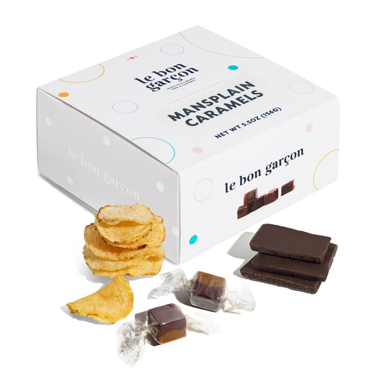 Mansplain 5.5 oz box- layered caramel made with Dandelion Chocolate and crushed potato chips